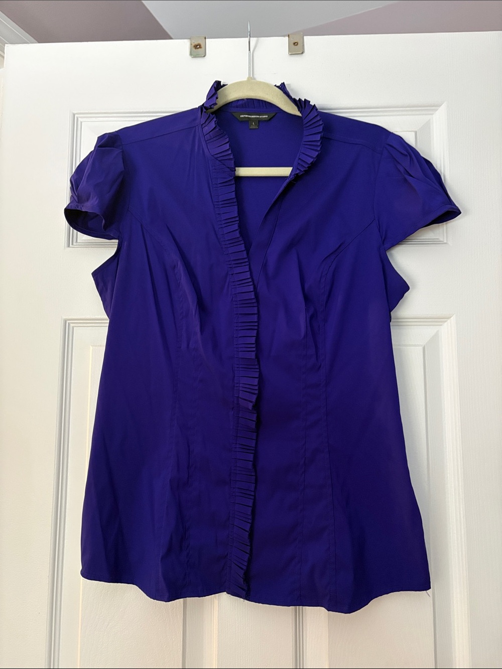 Express Royal Purple Ruffle-Trim Short Sleeve Blouse